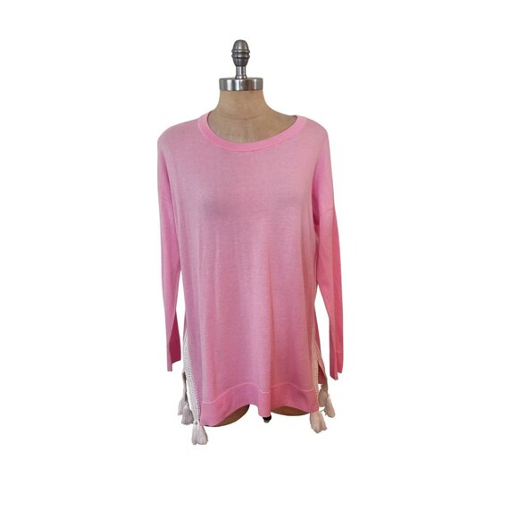 Lilly Pulitzer Pink Coolmax Damara Sweater White Crochet Tassels Top Small - Picture 3 of 7